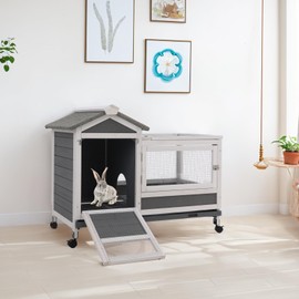 AniwuPaws Rabbit Hutch Indoor/Outdoor with Wheels/No Leak Urine Guards/Netting Floor, Rabbit Cage Chew Proof with Tray, Guinea Pig Cage, Bunny House for Small Animal 38.5" L*24.5" W*31" H, White/Grey