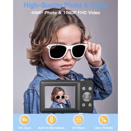 AiTechny Digital Camera for Kids, 1080P FHD 44MP Point and Shoot Digital Camera for Pictures with 32GB Card, 16X Zoom, Compact Camera Gifts for Kids Teens Boys Girls(Black)