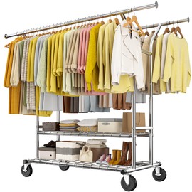 Raybee 74" W Heavy Duty Clothes Rack, Double Rods Clothing Rack Load 630 LBS, Rolling Clothes Racks for Hanging Clothes 400+, Garment Rack with shelves for Bedroom, Laundry Room, Retail Store