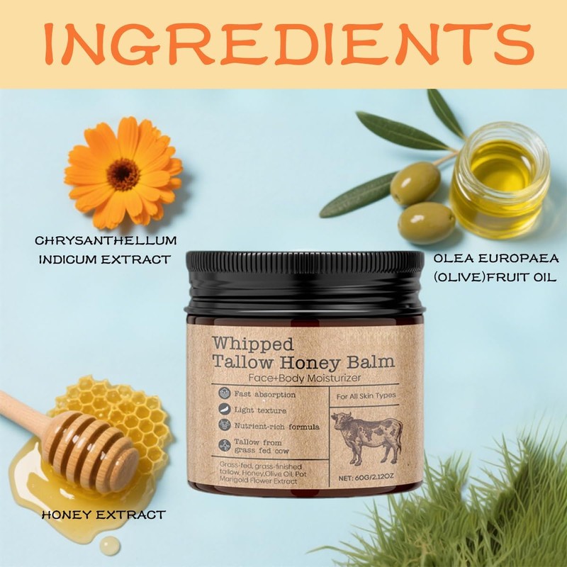 Vintage Beef Tallow Blam with Honey, Grass-Fed Beef Tallow, Honey,
