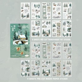 Dwpetzo Precut Winter Journaling Stickers Book for Women, Woods in Snow Landscape with Quotes and Frames Decorative Sticker for Junk Journal Supplies, Scrapbooking, Bujo, Planner, Collage