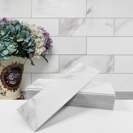 Avant Decor | 24 Stone Composite Subway Stone Texture Peel and Stick Kitchen Backsplash Tiles | 4' x 12' | Bex Metro Matte Calacatta | 8 sqft