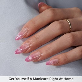 BTArtbox False Nails French Tip - Lamp-Curable Pink Cat Eye Press on Nails, Reusable Medium Almond Stick On Nails for Women in 16 Sizes, 32 Pcs Fake Nail with Glue Kit, Rosy Dew