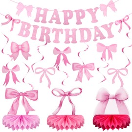 Hanaive Pink Bow Coquette Birthday Decorations Including Pink Bow Happy Birthday Banner Hanging Swirls and Honeycomb Table Decor for Bachelorette Party Decor
