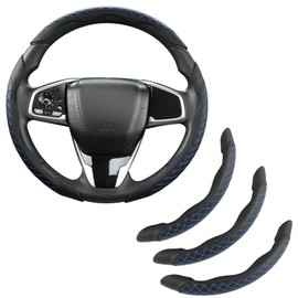 GIANT PANDA Leather Steering Wheel Cover, Car Accessories Interior, 3-Piece Steering Wheel Cover Universal for 99% Car, SUV, Truck (Diamond Quilt Blue Grey)