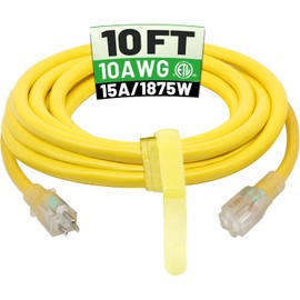 POWGRN 10 Ft 10AWG Outdoor Extension Cord Waterproof Heavy Duty 10 Gauge 3 Prong, Flexible Cold-Resistant Power Cord Indoor & Outside with Lighted Indicator End, 15Amp 1875W SJTW Yellow ETL Listed