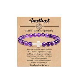 COLORFUL BLING Natural Healing Stone Cross Beaded Crystal Strand Adjustable Dangling Bracelet With Meaningful Card Inspirational Religious Gifts for Women Jewelry Turquoise Relief Anxiety-Purple