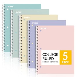 SUNEE Cuadernos de espiral, 1 materia, paquete de 5, papel rayado universitario, 8 x 10-12 pulgadas, 70 hojas por cuaderno, papel perforado de 3...   