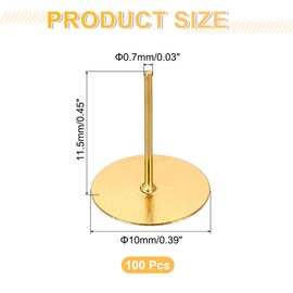 sourcing map 100Pcs Earring Posts and Backs, 10mm/0.39inch Flat Pad Blank Earring Tray Studs with Butterfly Backs for Craft Jewelry DIY, Light Gold