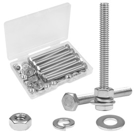 Yinpecly 10 Sets 1/4-20 x 2-1/2" Hex Head Screw Bolt, Nuts, Flat & Lock Washers, Stainless Steel 304, Machine Fully Thread Hex Bolts, Bright Finish Hexagon Bolt, Nuts and Bolts Assortment Kit