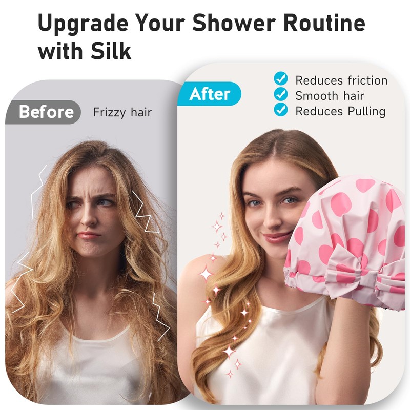 LitBear Luxury Silk Lined Shower Caps for Women Reusable Waterproof,