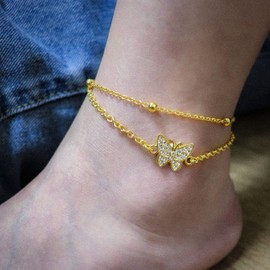 14k Gold Plated Butterfly Cubic Zirconia Dainty Link Anklet Beads Double Layered Bracelets Butterfly Anklet for Women Boho Beach Jewelry Gifts-Gold&Silver