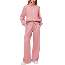 Casly Lamiit Womens Spring Fashion 2 Piece Outfits Comfy Pajama Pants with Pockets Athletic Sets Lounge Casual Sweat Suits Airplane Travel Clothes Pink S