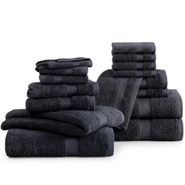 LANE LINEN 100% Cotton Luxury Towel Set for Bathroom - 16 Pieces, Ring Spun - Super Plush, Very Soft & Absorbent - 4 Bath Towels, 8 Washcloths, 4 Hand Towels - Suitable for All Skin Types - Black