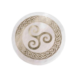 NKlaus Selenite Plate Round 10 cm with Golden Triskele & Celtic Knot - Energy Plate for Gemstones, Altar, Meditation, Spiritual Decoration & Protection Symbol 16607
