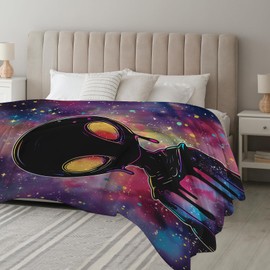 SKT T1 Space Alien Blanket, Alien Gifts for Kids Women, Colorful Galaxy Cartoon Alien Star Universe Throw Blankets, Funny Alien Decor, Soft Fuzzy Warm Plush Flannel Blankets for Bed Sofa 50"x40"