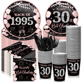 Ninehaoou 240 Pcs 30th Birthday Decorations Birthday Party Tableware Include Plates Napkins 9oz Cups Cutlery Anniversary Dinnerware Party Supplies for Men Women Him Her, Serve 30 Guests (Black Pink)