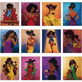 Ctosree 12 Pcs Pre Drawn Canvas for Painting for Adults 8" x 10" Sip and Paint Kit Pre Printed Canvas Bulk Stretched Afro Queen Paint Canvas Set for Paint Party Favors(Stylish Lady)