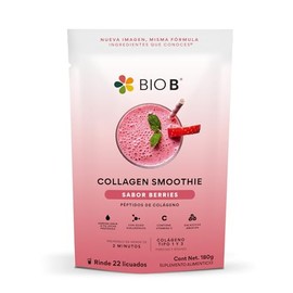 BIO B | Smoothie Berry Colágeno con Ácido Hialurónico | Polvo para preparar bebidas 180g con Colágeno Hidrolizado | Ayuda a la Elasticidad de la Piel | Sabor Berry | Sin Azúcar, Sin Lácteos, Sin Gluten | Rinde 22 porciones