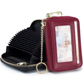 imeetu RFID Credit Card Holder, Small Leather Zipper Card Case Wallet with Removable Keychain ID Window (Red)