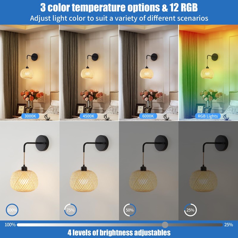 Vitnucrol Battery Operated Wall Sconce Set of Two, Bamboo Rechargeable