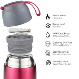Milu® Thermo Food Flask - 300, 440, 450, 650, 800ml - Stainless Steel Insulated Container - Lunchbox - Jar with Spoon for hot and Cold Food (Berry, 650ml)