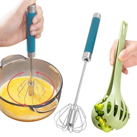 Schneebesen Edelstahl Klein Mini Halbautomatischer Quirl Spiralbesen Rührbesen Handrührgerät Ohne Strom und Eiertrenner Küchenzange Set, 2 Stück