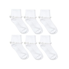 Jefferies Socks Girls Seamless Ripple Ruffle Lace Trim School Cuff Crew Slouch Socks 6 Pair Pack (X-Small, White)