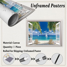 Beach Wall Art Pictures White Fake Window Style Sunset Painting Seascape Artwork Ocean Birds Theme Prints on Canvas for Living Room Bedroom Bathroom Home Office Decor 11x14in Unframed