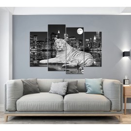 Conipit White Tiger Canvas Wall Art Large Black And White Tiger Picture Wild Animal Prints City Reflection In Water Artwork Framed 48''X32''