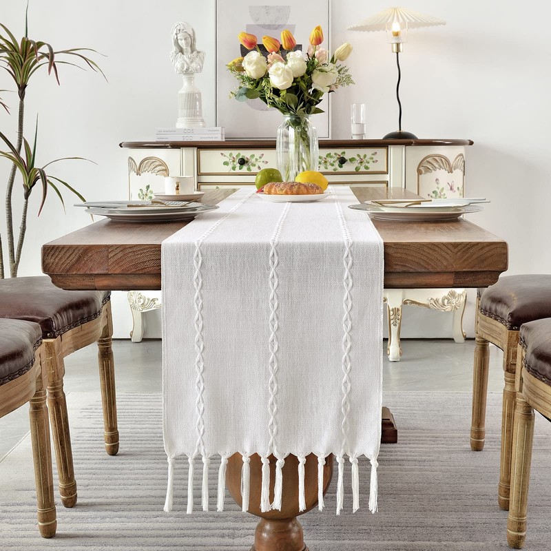 Wracra Cotton Linen Table Runner Farmhouse Style White Table Runner