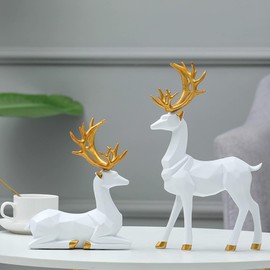 2 Pieces Christmas Reindeer Figurines Decor Nordic European Style Deer Statue Fireplace Window Desk Bedroom Shelf Ornament for Home Living Room Office Decoration (White,Medium)