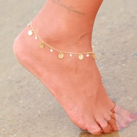 Dainty Ankle Bracelet, 14K Gold Plated Tiny Bead Anklet Dainty White Cubic Zirconia Moon Tassel Foot Chain Lucky Multi Colored Beach Foot Jewelry Boho Anklets for Women (Moon)