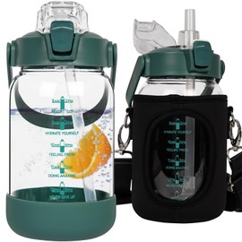 Seekua 32 oz Glass Water Bottle with Straw and Time Marker, Large Motivational Borosilicate Glass Drinking Bottle with Silicone Boot and Sleeve