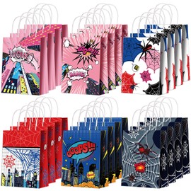 Faccito 24 Pcs Comic Spider Party Favor Bags with Handles Boom Pop Art Style Goodie Bags Double Sided Paper Gift Wrapping for Theme Events Treats Candy and Party Supplies