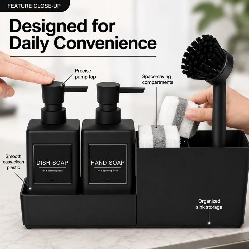 Kitchen Soap Dispenser Set for Sink Organization – 4-in-1 Black