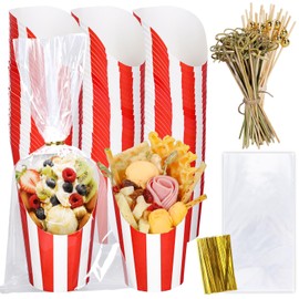 FYSUIMU 50 Set 14Oz Carnival Party French Fry Holder Halloween Red White Striped Charcuterie Cups with Sticks and Bags Disposable Slanted Dessert Tasting Cups for Movie Night Decor