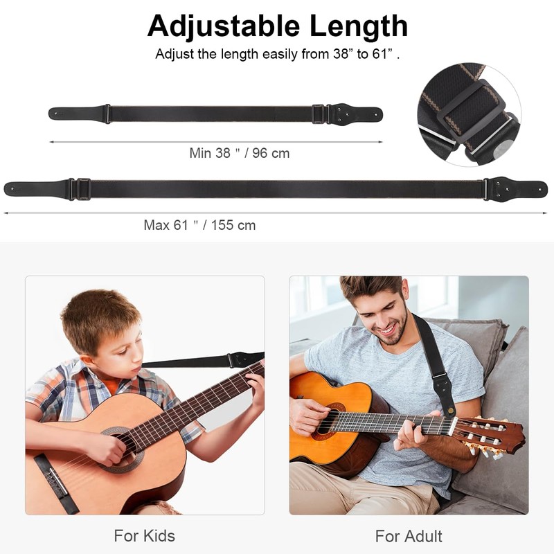 Philorn Guitar Strap Adjustable Genuine Leather Ends Jacquard Weave Bass