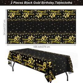 durony 2 Pack 80th Birthday Tablecloth Table Cover Plastic Black Gold Happy Tablecloth Waterproof Rectangular Table Cloth Cover for Indoor or Outdoor Parties Birthday