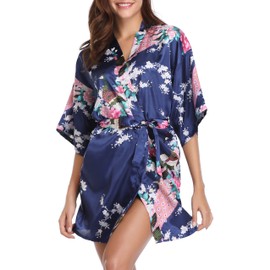 Vlazom Women's Dressing Gown Kimono Satin Robe Short Nightwear V Neck Dressing Gown with Belt - xxl
