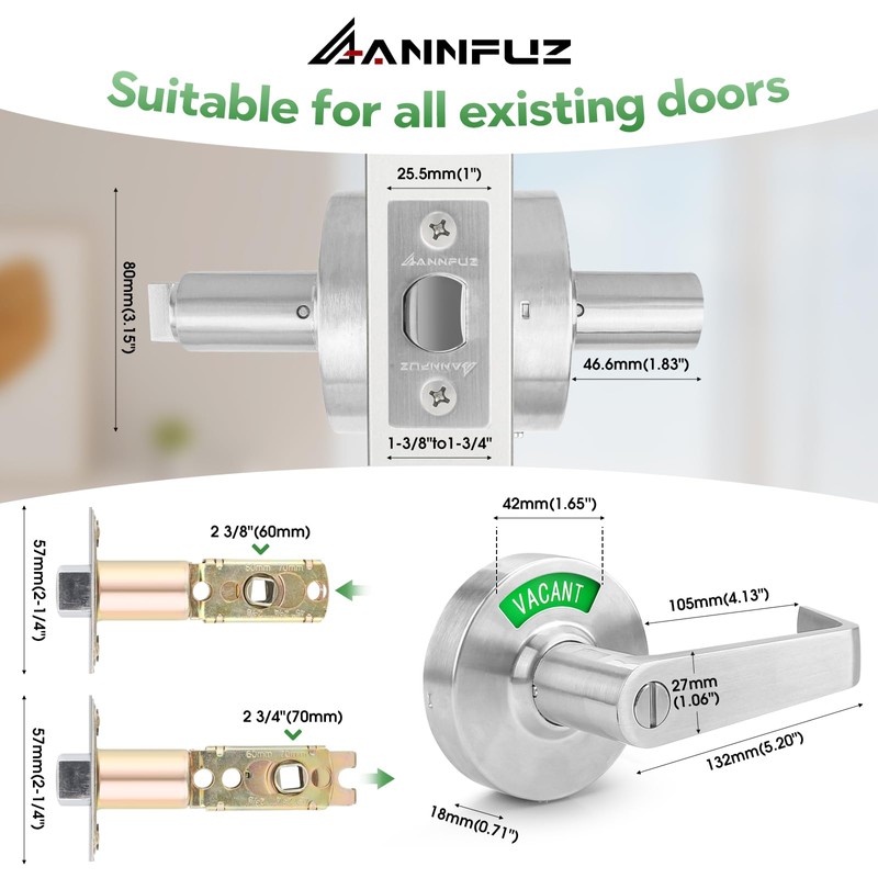 ANNFUZ Vacant Occupied Bathroom Handle Door Lock for Restroom,Privacy Keyless