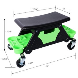 Heemab Enhance Comfort and Efficiency with Mechanic Stool, Heavy Duty Rolling Seat, 300 lbs Capacity, Green with Tool Trays