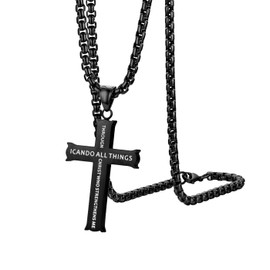 OIDEA Herren Bibel Kreuz Halskette: Schwarz Philippians 4:15 Bibel GebetKreuzanhänger mit Venezianischer Kette aus Edelstahl Weizenkette mit Kreuz Anhänger Geschenk für Männer Sohn Vater