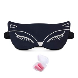 Booluee Silk Sleep Eye Mask Sleep Mask Fox Embroidered Soft Blindfold Eye Cover Eyeshade with Earplugs for Kids Men Women Plane Travel Nap Night Sleeping (Dark Blue)