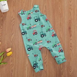 Baby Girl Boy Cartoon Patterns Jumpsuit Dungarees Sleeveless Round Neck Applique Animal Baby Infant Kid Toddler Romper Overall Little Boys Girls Overalls Casual (Sky Blue Tractor, 6-12 Months)