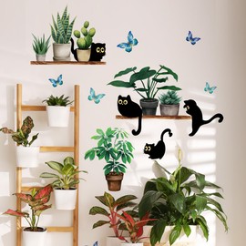 WOHAHA Wall Sticker, Cat, Cute, Small Black Cat, Potted Plant, Green, Wall Decoration, Living Room Home Decor, Wall Decoche, Wall Sticker, Removable Stylish, Waterproof, Children's Room, Nursery,