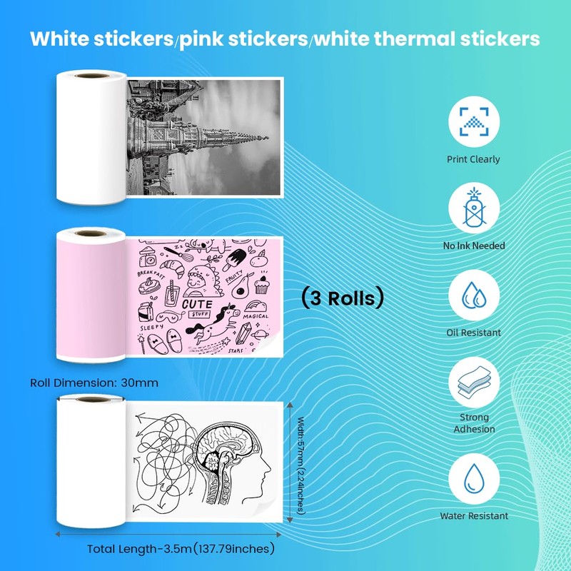vretti 3 Rolls Thermal Printer Paper, Colorful Printer Paper for