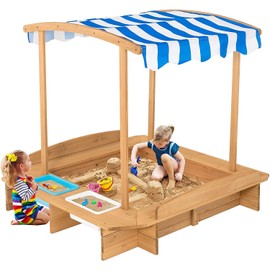 HONEY JOY Kids Sandbox with Canopy, Wooden Bottomless Sand Pit w/Liner, 2 Storage Bins and Striped Canopy, Built in Benches, Outdoor Square Sand Boxes for Kids Backyard