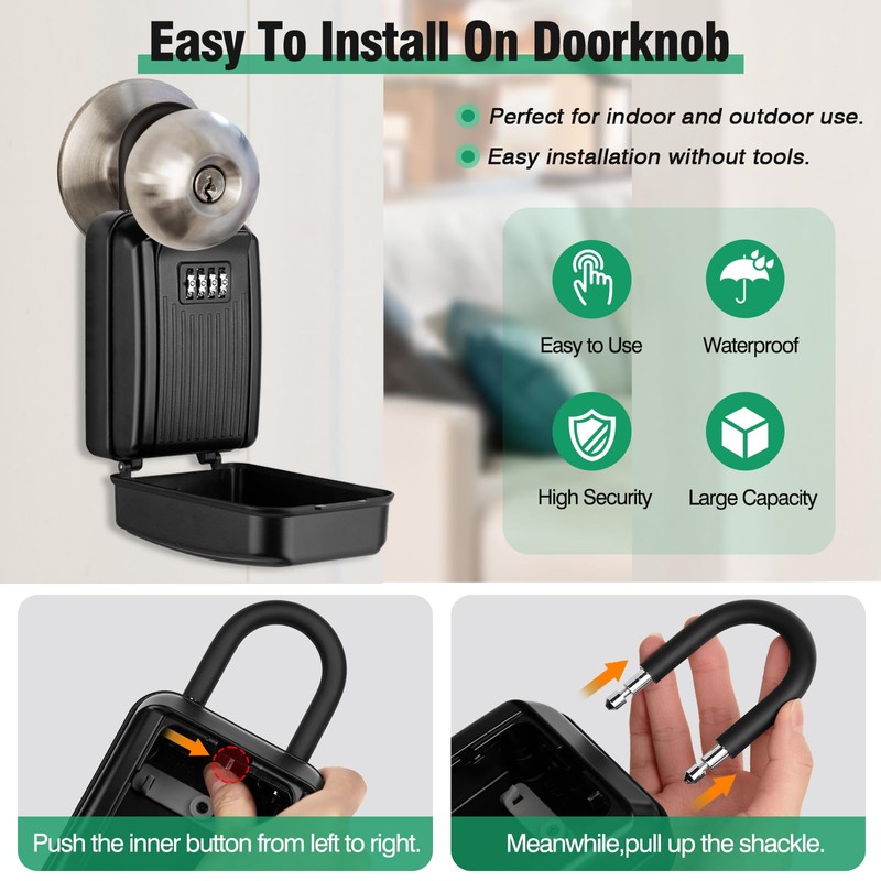 TEUEN Key Lock Box for Outside & Door Handle, Sturdy