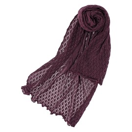 Hiorie Scarf, Made in Japan, 50% Wool, 50% Cotton, Non-irritating, Lace Knit, plum
